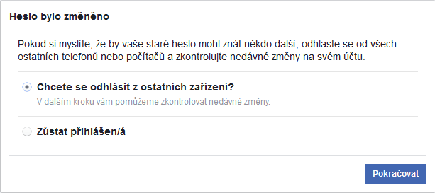 Facebook přihlášení - heslo bylo změněno