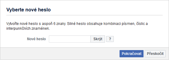 Facebook přihlášení - vyberte nové heslo
